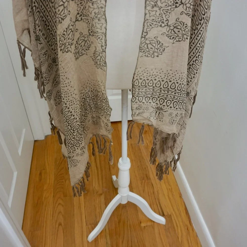 💜 JANICE Tan/Black Pattern Scarf Coat Poncho Kimono (OS)